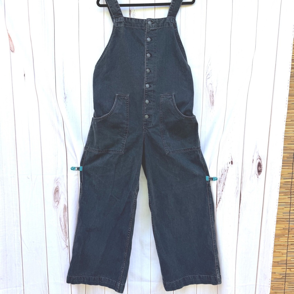 Free People We The Free Washed Black Button Front Wide Leg Denim Overalls